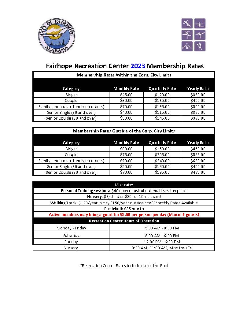 Fairhope Recreation Center 2023 Membership Rates